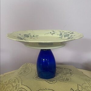 Blue Glass Pedestal with White Floral Plate - serving tray - cake platter